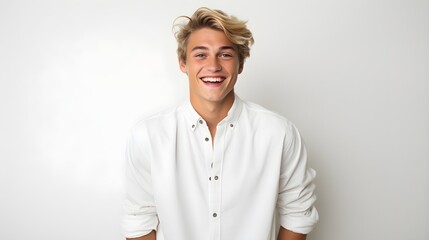 handsome teen with yellow hair wearing white t-shirt isolated on white white teeth's for commercials.
