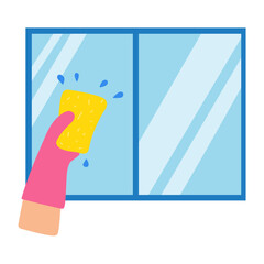 Arm with sponge. Washing window. Flat design. Vector illustration on white background.