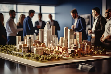 Innovative Business Building Project A Collaborative Team of Real Estate Developers, Architects, and Businessmen Work on a Complex Scale Model in Office. created with Generative AI