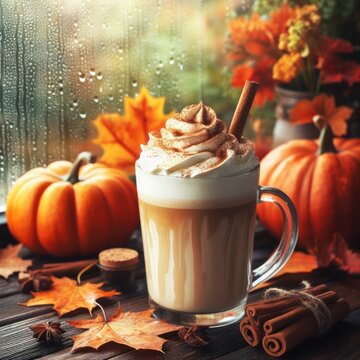a cup with pumpkin latte and gingerbread on a windowsill decorated with cinnamon pumpkins in front of a window behind which is golden autumn ai generated picture