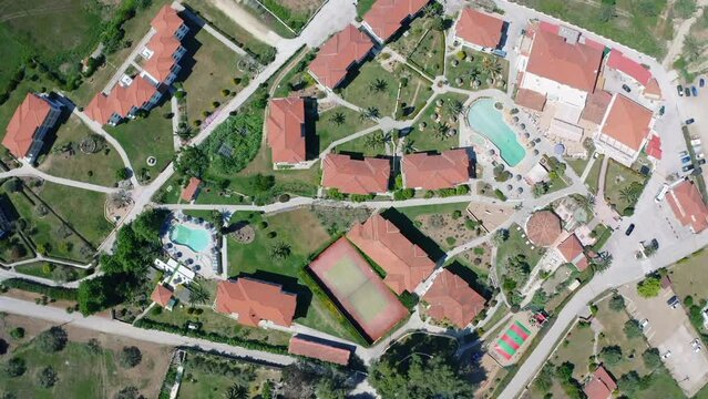 Aerial drone view of Paliouri Beach in Kassandra Sithonia penisula  Chalkidiki Greece Aerial drone view of Paliouri Beach Chrousso Village in Kassandra Sithonia penisula  Chalkidiki Greece