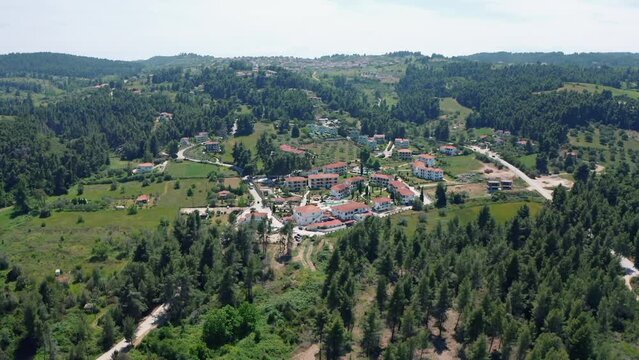 Aerial drone view of Paliouri Beach in Kassandra Sithonia penisula  Chalkidiki Greece Aerial drone view of Paliouri Beach Chrousso Village in Kassandra Sithonia penisula  Chalkidiki Greece