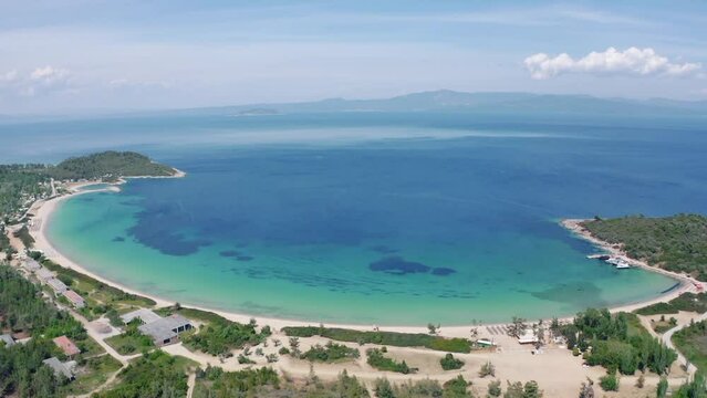 Aerial drone view of Paliouri Beach in Kassandra Sithonia penisula  Chalkidiki Greece Aerial drone view of Paliouri Beach Chrousso Village in Kassandra Sithonia penisula  Chalkidiki Greece
