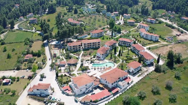 Aerial drone view of Paliouri Beach in Kassandra Sithonia penisula  Chalkidiki Greece Aerial drone view of Paliouri Beach Chrousso Village in Kassandra Sithonia penisula  Chalkidiki Greece