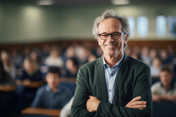 A male university professor in a lecture hall, standing at the lectern and engaging with the camera, professional photography - obrazy, fototapety, plakaty
