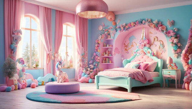 Creative and bright eco design of a girl's room. Bright fantasy concept in pastel colors of baby room.