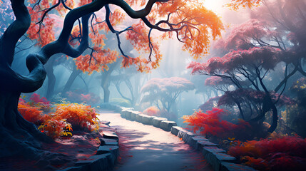 forest in the morning,A landscape with trees and a path that leads to a forest,AI Generative 