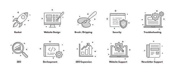The set contains vital elements for online success, including SEO expansion, website support, newsletter assistance, troubleshooting, security measures, development, creative design, and more.