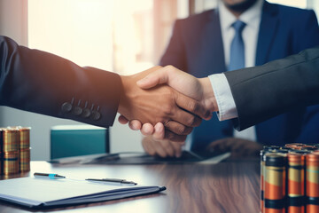 A residential oil businessman and a satisfied customer share a handshake, signifying the success of their oil contract.