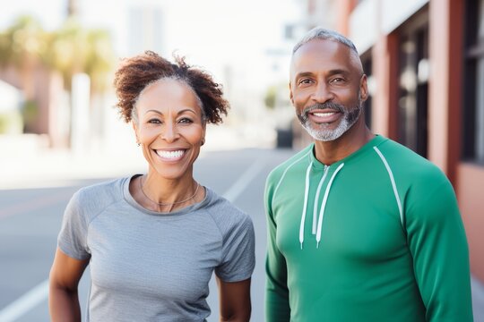 Mature African American couple in sports outfits looking at camera with energetic cheerful smile. Happy loving man and woman jogging or exercising outdoors. Healthy lifestyle in urban environment.