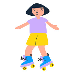 Smiling girl roller skating. Graphic design. Vector hand drawn illustration on white background.