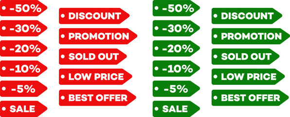 Discount tags set and promotion labels collection for online shop. 50% 30% 20% 10% 5% off. Sold out, low price and best offer stickers. In red and green. - obrazy, fototapety, plakaty
