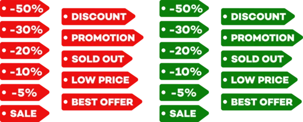 Poster Discount tags set and promotion labels collection for online shop. 50% 30% 20% 10% 5% off. Sold out, low price and best offer stickers. In red and green. © FilipB