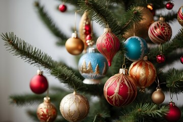 Fototapeta na wymiar A Christmas tree upclose, bursting with color and decorations