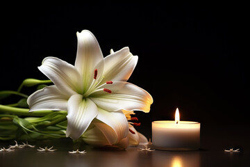 Obraz na płótnie Canvas A Serene Tribute Beautiful Lily and Burning Candle on Dark Background with Space for Text, Honoring Funeral White Flowers. created with Generative AI