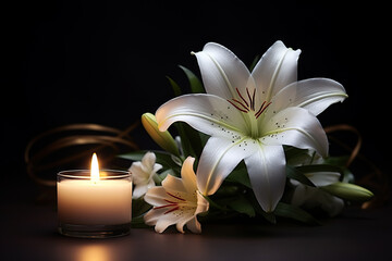 A Serene Tribute Beautiful Lily and Burning Candle on Dark Background with Space for Text, Honoring Funeral White Flowers. created with Generative AI