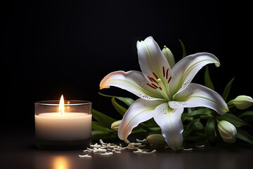 A Serene Tribute Beautiful Lily and Burning Candle on Dark Background with Space for Text, Honoring Funeral White Flowers. created with Generative AI