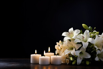 Obraz na płótnie Canvas A Serene Tribute Beautiful Lily and Burning Candle on Dark Background with Space for Text, Honoring Funeral White Flowers. created with Generative AI