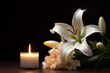A Serene Tribute Beautiful Lily and Burning Candle on Dark Background with Space for Text, Honoring Funeral White Flowers. created with Generative AI