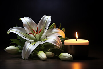 Fototapeta na wymiar A Serene Tribute Beautiful Lily and Burning Candle on Dark Background with Space for Text, Honoring Funeral White Flowers. created with Generative AI