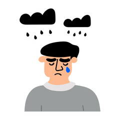Unhappy man. Sadness, depression and loneliness. Flat design. Vector illustration
