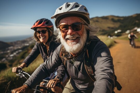 Elderly smiling couple in safety helmets ride bicycles together to stay fit and healthy. Happy African American seniors having fun on a bike ride on country road. Retired people lead active lifestyle.