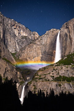 Natural Moonbow / Rainbow at Night in Yosemite Park