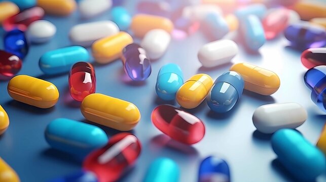 Many colorful pills on blue background, 3d illustration, Generative AI illustrations.