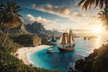 Naklejka premium Paradise coast, island, boats and ships at sea, palm trees and mountains at sunset.