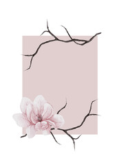Magnolia wreath. Hand drawn watercolor floral rectangular Frame on isolated background. Border with illustration of pink flower with branches. Template for greeting cards or wedding invitations.