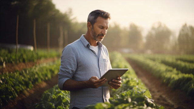 Man agronomist stands in a vegetable field, intently reviewing data on his tablet. Concept of blend of traditional farming and innovative technology, modern agricultural advancements, agritech - Powered by Adobe