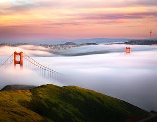 San Francisco Golden Gate Bridge Covered in Thick Fog / Clouds  - obrazy, fototapety, plakaty