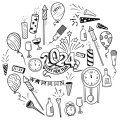 doodle art of happy new year design with celebration icons in circle shape for new year template