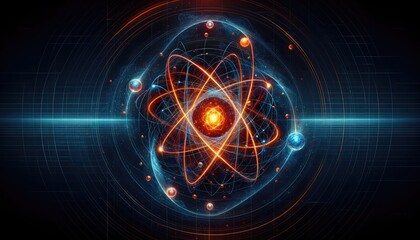 Quantum physics and celestial atom orbits. Bright orange and blue energies intertwine, symbolizing atomic movements and celestial patterns against a futuristic grid backdrop.
