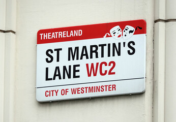 St. Martin’s Lane street name sign in Theatreland, West End of London, England. 