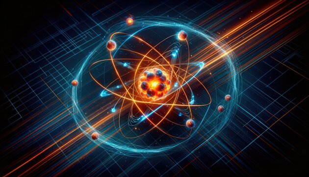 Quantum physics and celestial atom orbits. Bright orange and blue energies intertwine, symbolizing atomic movements and celestial patterns against a futuristic grid backdrop.