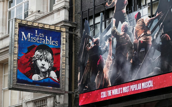 London, UK - March 15, 2023: A sign promoting a theatre production of the musical Les Miserables in London, UK. 