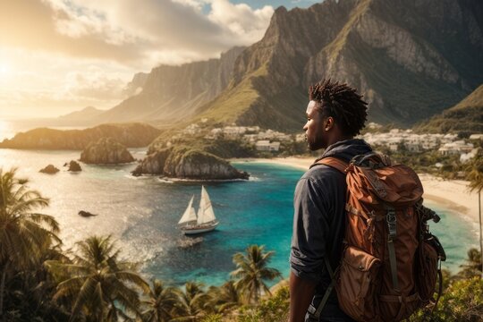 Rear view of a handsome African American man putting on a backpack looking at the sea sunset ship