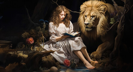 Beautiful Lady Reading a Book on a Throne Surrounded by a Pride of Lion Painting