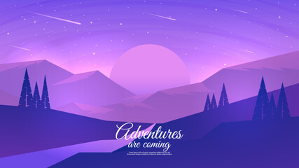 Vector illustration. Beautiful evening landscape with forest and mountains. River with hills. Starry sky with planet.