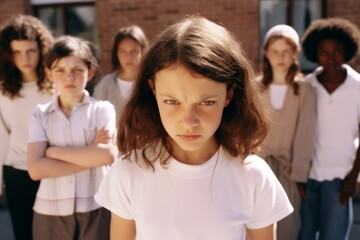 Fototapeta premium Multiethnic group of schoolchildren with their leader looking at camera with an angry and frustrated expression. Kids are upset and intending to stand up for their rights. Diversity and communication.