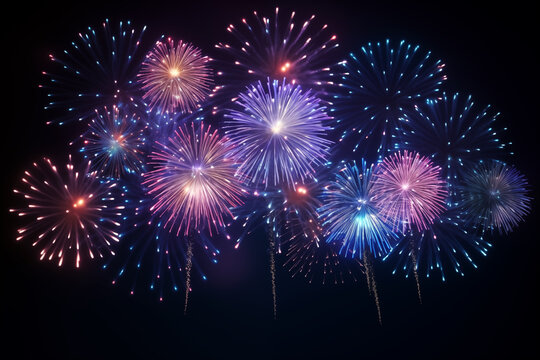 Background of fantastic colorful fireworks. Realistic image. Neon glittering. AI generated content.