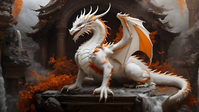 Real chinese dragon. One white and orange dragon sitting on a rock. dragon statue at the temple. Ai ganerated image