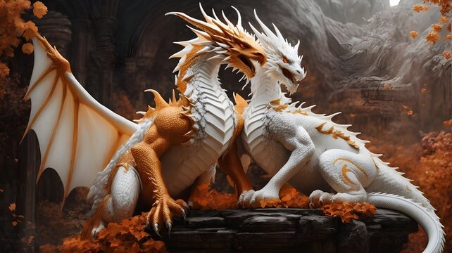 Real chinese dragon. Two white and orange dragon sitting on a rock. dragon statue at the temple. Ai ganerated image