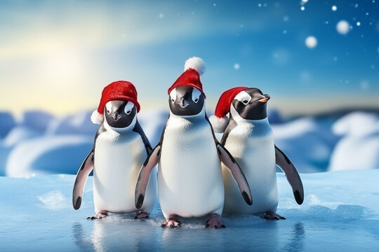 Three penguins in Santa Claus hats on an ice floe with nature background. Christmas or New Year concept. AI generated content.