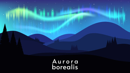 Aurora borealis in night starry sky. Winter time. Vector illustration. Beautiful landscape in flat style.