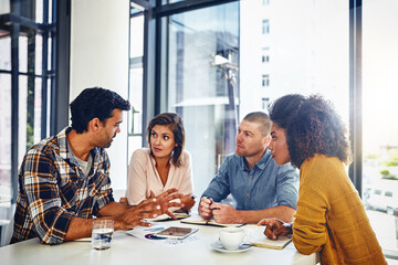 Teamwork, meeting and web designer talking of app, development or creative problem solving. Website, design and people with online marketing, strategy and planning together in London office or agency