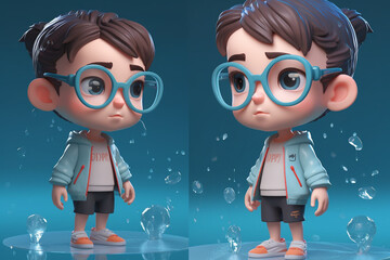 Cute boy and girl in blue glasses - 3D rendered illustration