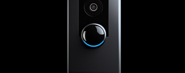 Detail on modern doorbell with mounted video camera on black background.