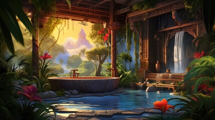Tropical oasis with wooden architecture, flowing waterfall, and vibrant flora under golden sunlight. Tropical paradise and serenity.